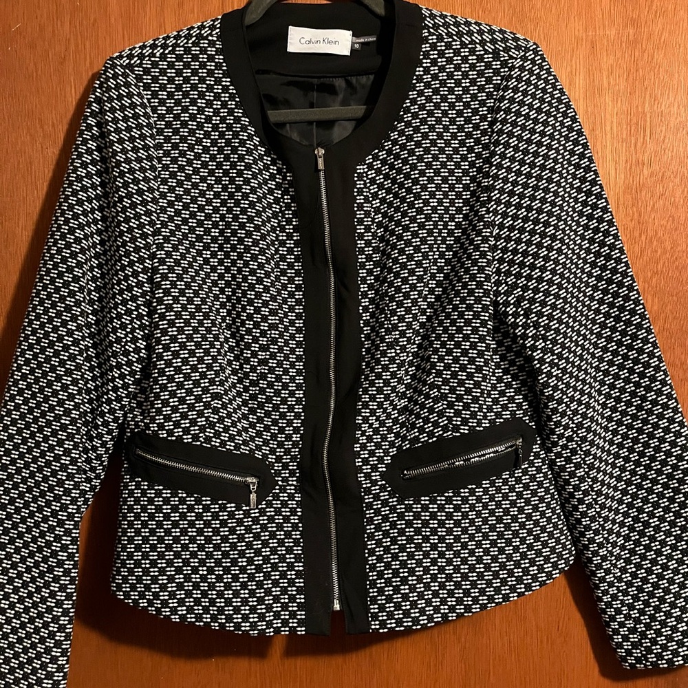 Calvin Klein Black and White Woven Tweed zip-front Blazer Jacket Sz 10